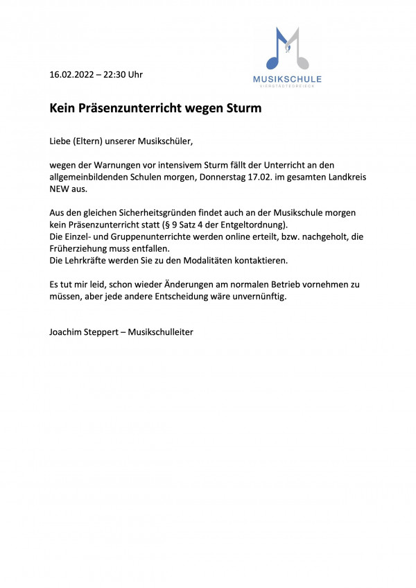 Kein Präsenzunterricht am 17.02.2022