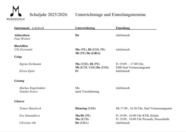 Unterrichtseinteilung Schuljahr 2025/2026 Teil 1