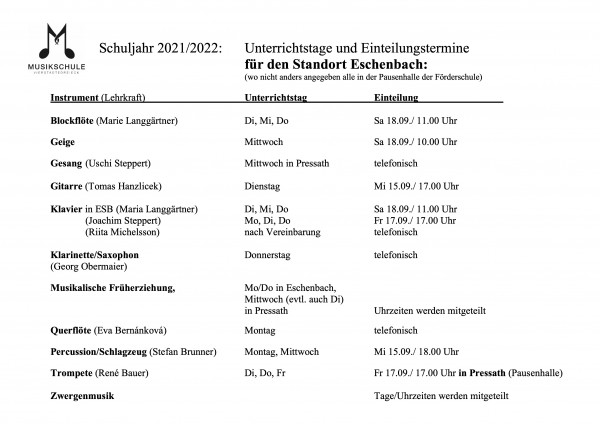 Einteilungstermine / Unterrichtstage